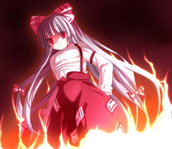 maroppe, fujiwara no mokou, touhou, silver hair, 1girl, armlet, blunt bangs, female focus, fire, from below, hands on own hips, jewelry, long hair, long sleeves, looking at viewer, looking down, ofuda, pants, red eyes, shaded face, solo, standing, suspenders, very long hair