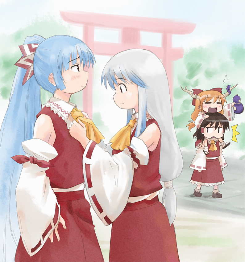 haniwa, haniwa (leaf garden), fujiwara no mokou, hakurei reimu, ibuki suika, kamishirasawa keine, touhou, 4girls, = =, ^^^, alternate hairstyle, brown hair, carrying, cosplay, drunk, female focus, gourd, hakurei reimu (cosplay), long hair, low-tied long hair, multiple girls, no headwear, ponytail, profile, scarf tying, shoulder carry, torii