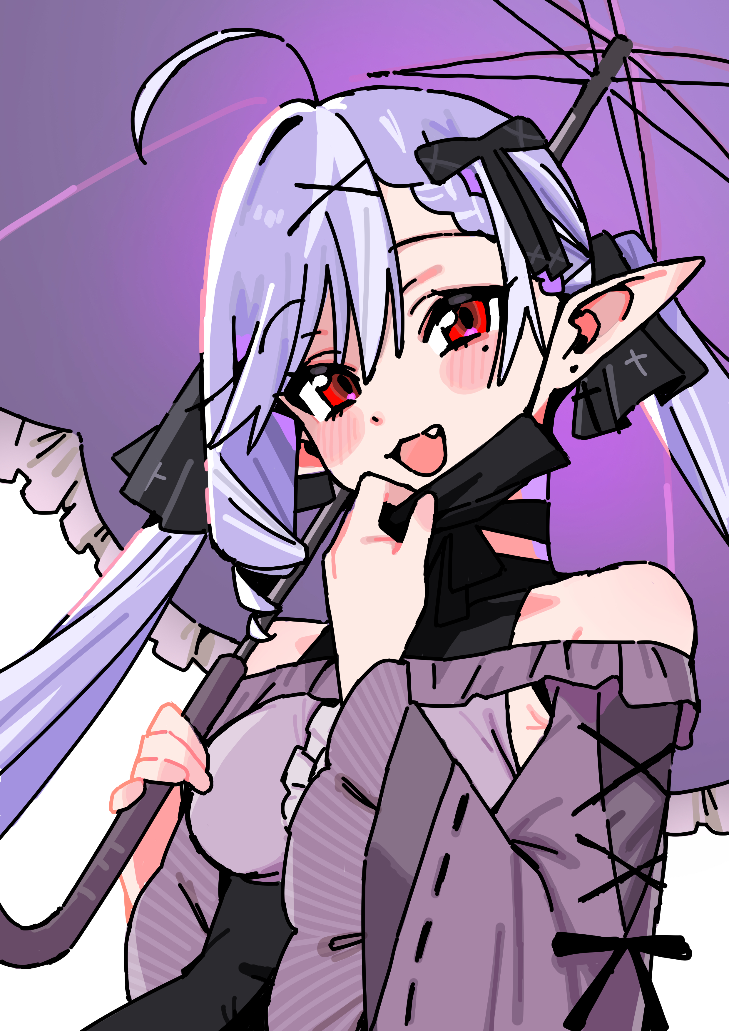 andii (anzai teachco), vivian banshee, zenless zone zero, absurdres, commentary request, highres, 1girl, ahoge, alternate costume, alternate hairstyle, bare shoulders, black mask, black ribbon, breasts, drill hair, fang, frilled umbrella, frills, hair ornament, hair ribbon, hairclip, holding, holding umbrella, long hair, long sleeves, looking at viewer, mask, mask pull, medium breasts, mouth mask, open mouth, pointy ears, red eyes, ribbon, simple background, solo, twintails, umbrella, upper body, white background, wide sleeves