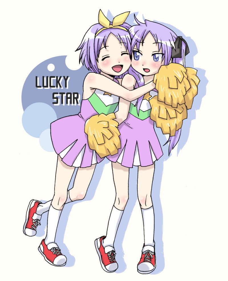 toryuu, hiiragi kagami, hiiragi tsukasa, lucky star, white legwear, 00s, 2girls, :d, :o, ^ ^, blue eyes, blush, cheerleader, closed eyes, copyright name, full body, hug, incest, kneehighs, multiple girls, open mouth, pink skirt, pleated skirt, pom pom (cheerleading), shoes, siblings, simple background, sisters, skirt, smile, sneakers, socks, surprised, twins, white background, yuri
