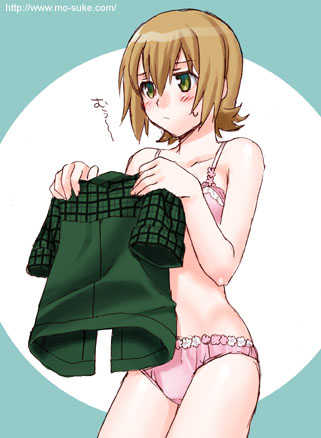 mattaku mousuke, original, lowres, bra, cowboy shot, green eyes, holding shirt, holding unworn clothes, lingerie, panties, shirt, solo, underwear, underwear only, unworn shirt, watermark, web address