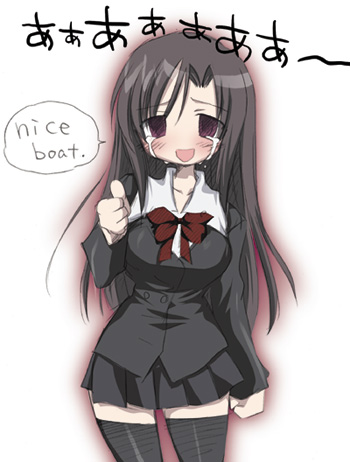 mizuki takehito, katsura kotonoha, school days, lowres, 00s, 1girl, bow, female focus, meme, nice boat (meme), red bow, school uniform, serafuku, solo, thighhighs, thumbs up, zettai ryouiki