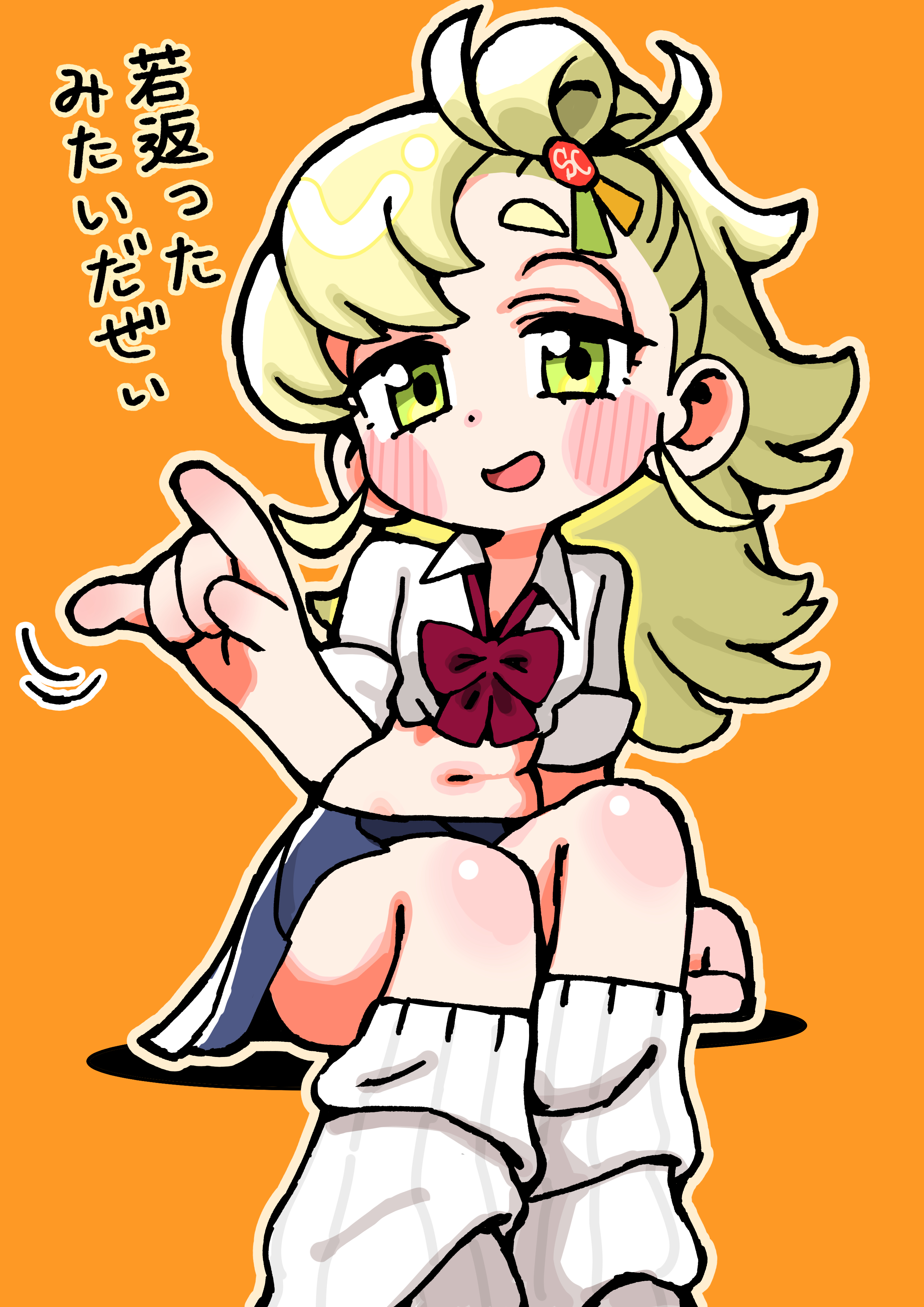 andii (anzai teachco), piper wheel, zenless zone zero, absurdres, commentary request, highres, translation request, 1girl, alternate costume, blonde hair, blue skirt, blush, bow, bowtie, chibi, chibi only, collared shirt, green eyes, hair bun, leg warmers, looking at viewer, navel, open mouth, orange background, outline, red bow, red bowtie, shirt, simple background, sitting, skirt, sleeves rolled up, solo, stomach, white shirt
