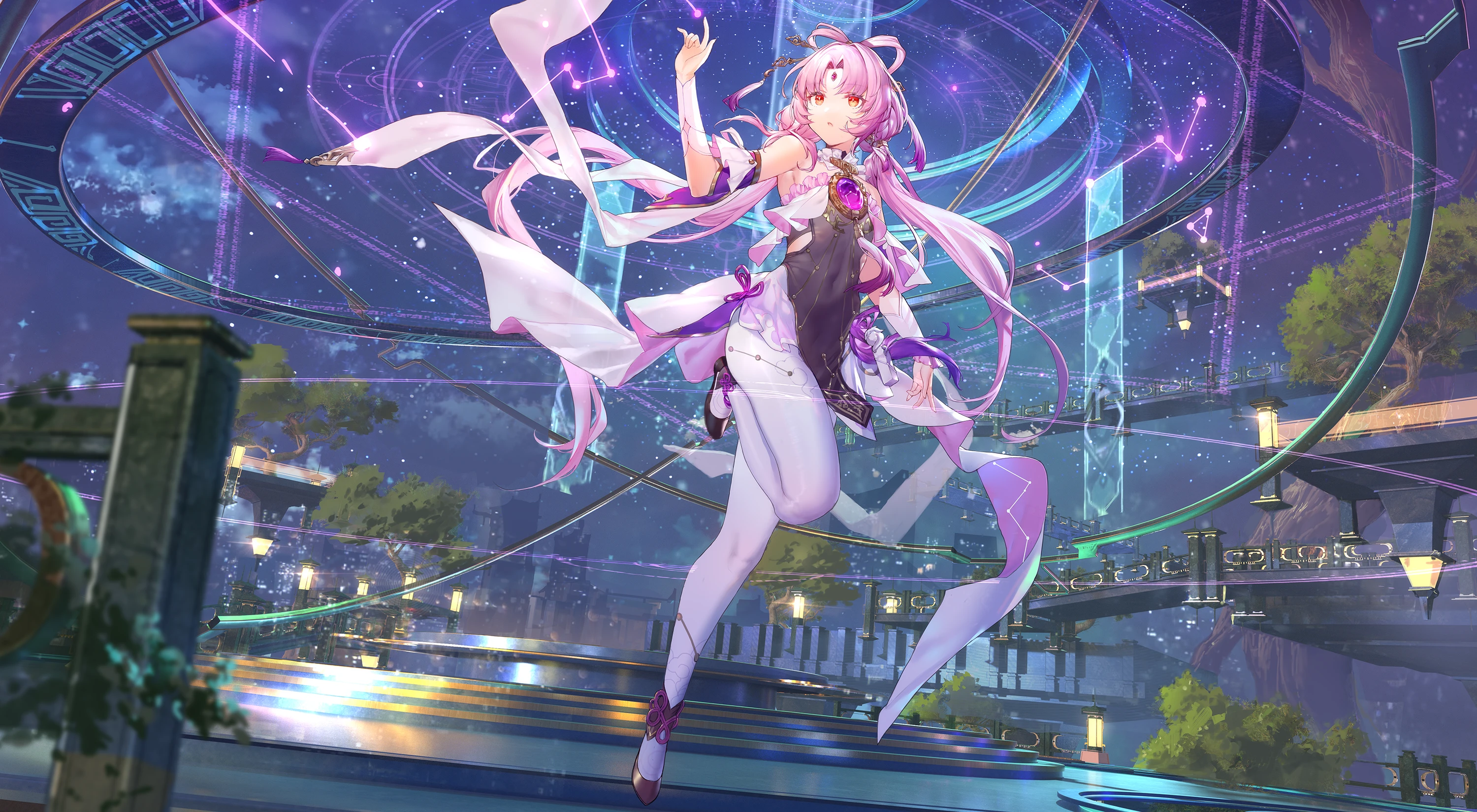 swd3e2, fu xuan (honkai: star rail), honkai: star rail, honkai (series), highres, second-party source, 1girl, arm up, bare shoulders, black shoes, blush, bow-shaped hair, bridal gauntlets, chestnut mouth, covered navel, detached sleeves, earrings, forehead jewel, full body, gem, hair ornament, jewelry, long hair, looking up, orange eyes, outdoors, pantyhose, parted bangs, parted lips, pink hair, purple gemstone, purple skirt, shoes, short sleeves, skirt, solo, standing, standing on one leg, white pantyhose