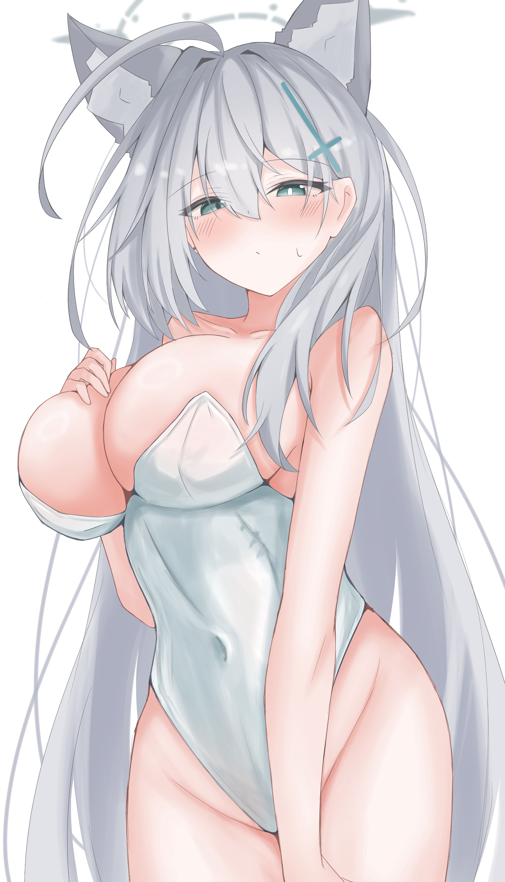 kote (kote arcive), shiroko terror (blue archive), blue archive, absurdres, commentary request, highres, 1girl, ahoge, alternate costume, animal ear fluff, animal ears, bare shoulders, blue eyes, blush, breast suppress, breasts, bright pupils, bunny day, cleavage, closed mouth, collarbone, covered navel, cowboy shot, cross hair ornament, extra ears, frown, grey hair, grey halo, groin, hair behind ear, hair between eyes, hair intakes, hair ornament, halo, huge ahoge, huge breasts, large breasts, leotard, long hair, looking at viewer, mismatched pupils, playboy bunny, solo, straight hair, strapless, strapless leotard, sweatdrop, tsurime, very long hair, white leotard, white pupils, wolf ears, wolf girl