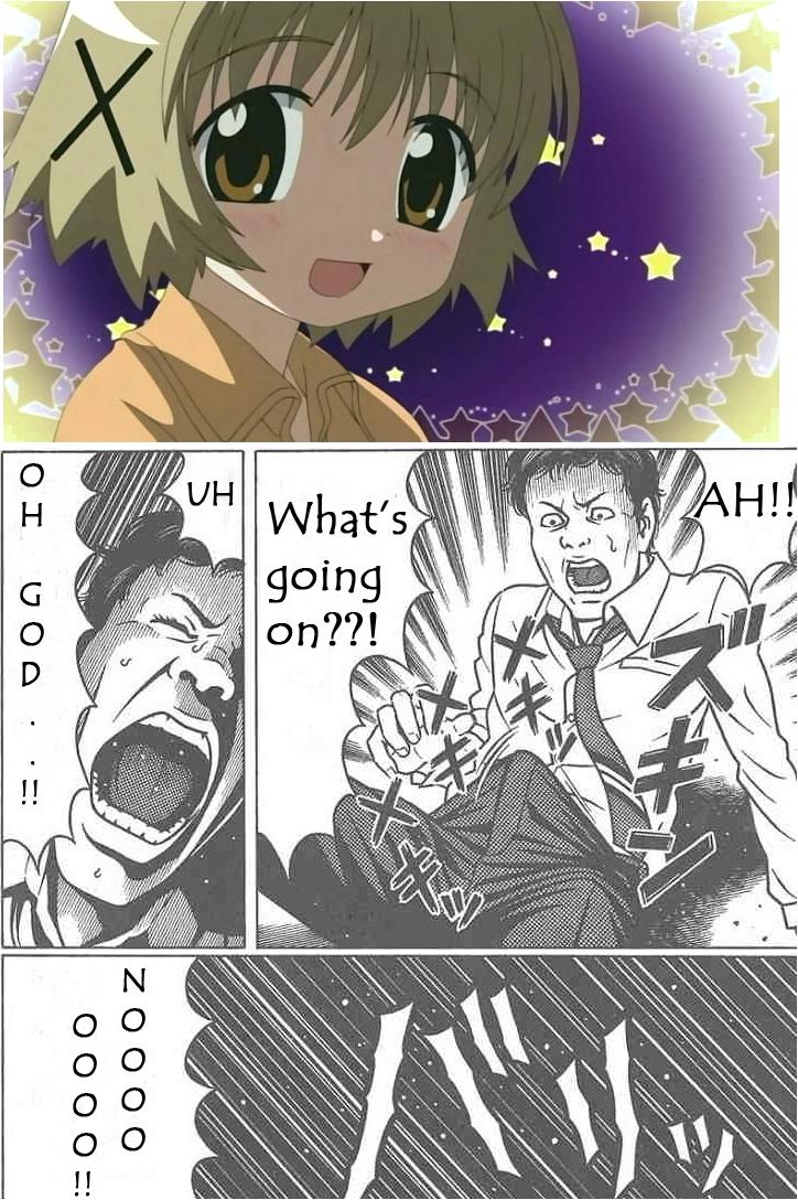 yuno (hidamari sketch), 4chan, hidamari sketch, hard-translated, jpeg artifacts, third-party edit, 1boy, 1girl, :d, brown eyes, brown hair, closed eyes, comic, erection, hair ornament, meme, monochrome, necktie, open mouth, parody, penis, smile, star (symbol), sweat
