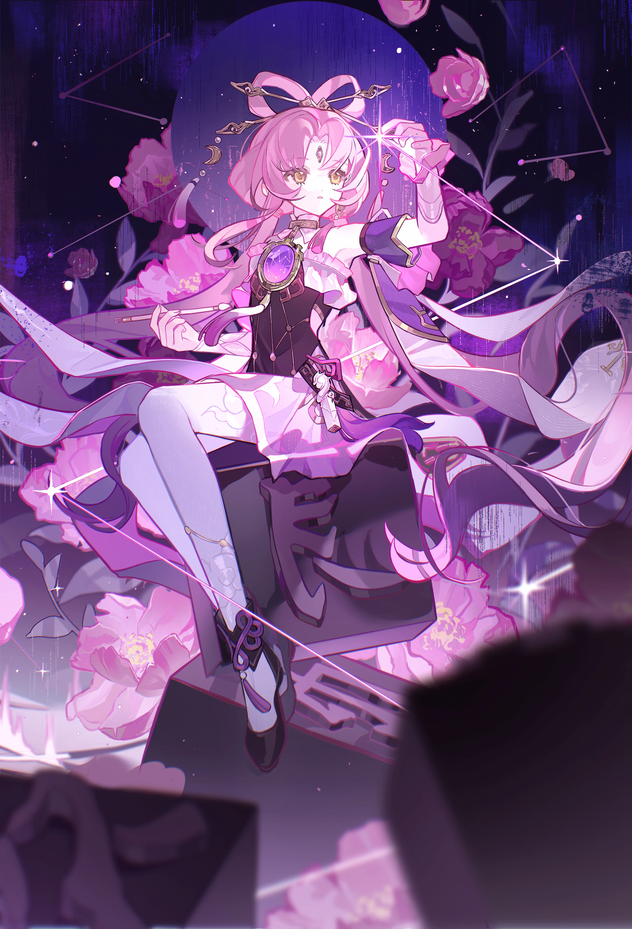 su zhi, fu xuan (honkai: star rail), honkai: star rail, honkai (series), absurdres, highres, second-party source, 1girl, black dress, black shoes, blurry, blurry foreground, bow-shaped hair, constellation, detached sleeves, dress, flower, forehead jewel, from side, full body, full moon, glint, hair ornament, hair stick, holding, holding paintbrush, leaf, legs together, long hair, low twintails, moon, paintbrush, pantyhose, parted bangs, parted lips, pink flower, pink hair, pink skirt, pink theme, purple moon, shoes, sitting, skirt, solo, tassel, tassel hair ornament, twintails, white pantyhose, yellow eyes