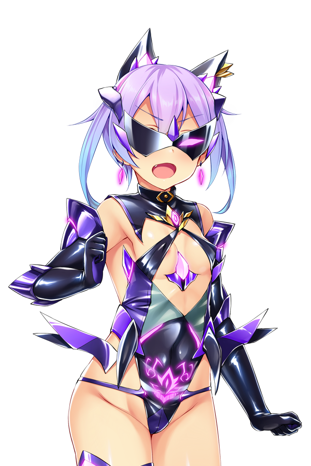 satou kuuki, game cg, large variant set, non-web source, official art, variant set, 1girl, animal ears, black gloves, blue hair, breasts, corruption, covered erect nipples, covered navel, cowboy shot, dark persona, earrings, elbow gloves, evil aqua, fang, fujii natsumi (ysphere), gem, gloves, glowing, gradient hair, hair between eyes, highleg, highleg leotard, jewelry, leotard, looking at viewer, mask, multicolored hair, open mouth, pubic tattoo, purple hair, shiny clothes, short hair, simple background, small breasts, smile, solo, soukou seiki ysphere, standing, sunglasses, tattoo, thighhighs, transparent background, twintails