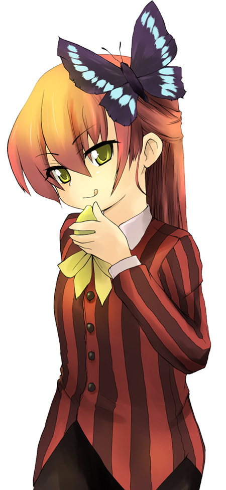 striped, 1girl, androgynous, bug, butterfly, female focus, food, fruit, holding, holding food, holding fruit, insect, lemon, licking lips, red hair, solo, tongue, tongue out, yellow eyes