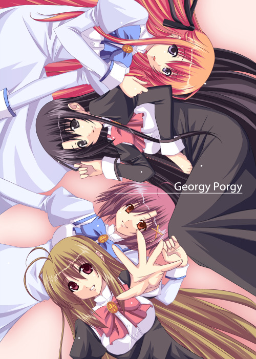 ichino, itsukushima takako, juujou shion, mikado mariya, miyanokouji mizuho, otome wa boku ni koishiteru, 00s, 1boy, 3girls, ahoge, blonde hair, brown eyes, brown hair, hair ornament, hair ribbon, hairclip, half updo, long hair, looking at viewer, looking up, lying, multiple girls, neck ribbon, orange hair, pink hair, puffy sleeves, purple eyes, reaching, red eyes, ribbon, school uniform, short hair, smile, trap, very long hair