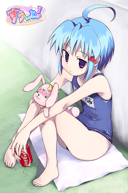 yamai (lsd), tatehaya tsuzumi, coca-cola, original, sweet!, 1girl, ahoge, barefoot, blue hair, can, feet, female focus, flat chest, name tag, one-piece swimsuit, purple eyes, rabbit, school swimsuit, sitting, solo, stuffed animal, stuffed rabbit, stuffed toy, swimsuit