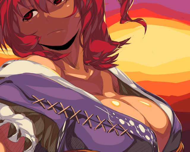 sun-3, onozuka komachi, touhou, looking away, 1girl, bored, breasts, cleavage, evening, female focus, large breasts, off shoulder, red eyes, red hair, solo, sunset, upper body