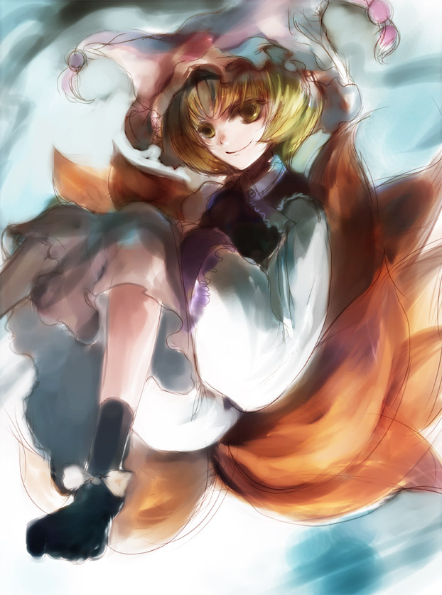 nokishita, yakumo ran, touhou, 1girl, animal hat, blonde hair, dress, female focus, fox tail, hat, long sleeves, mob cap, multiple tails, ribbon, shadow, shoes, short hair, smile, solo, surcoat, tabard, tail, yellow eyes