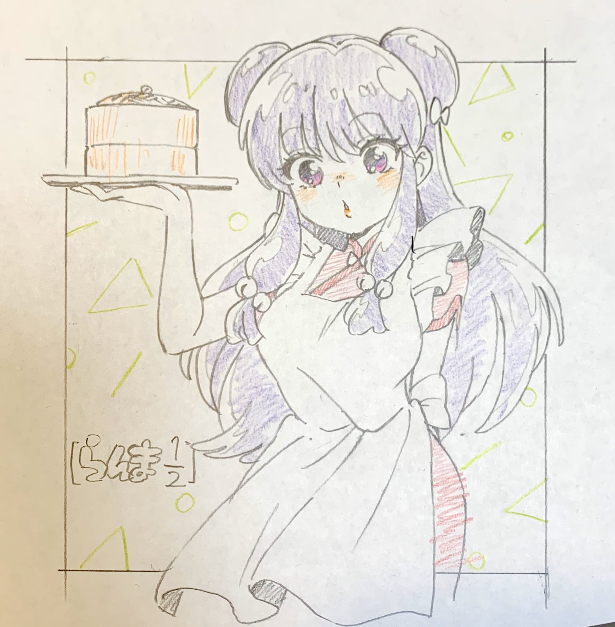 sagawa haruka, shampoo (ranma 1/2), ranma 1/2, highres, 1girl, apron, bow, chinese clothes, double bun, dress, hair bobbles, hair bow, hair bun, hair ornament, long hair, looking at viewer, open mouth, purple eyes, sidelocks, solo