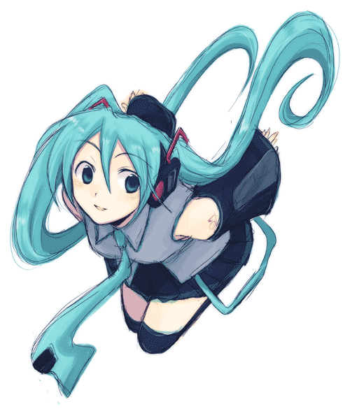 shima tokio, hatsune miku, vocaloid, 1girl, aqua hair, aqua necktie, black thighhighs, blouse, collared shirt, female focus, grey shirt, hair between eyes, long hair, necktie, shirt, simple background, sleeveless, sleeveless shirt, solo, tattoo, thighhighs, twintails, very long hair, white background