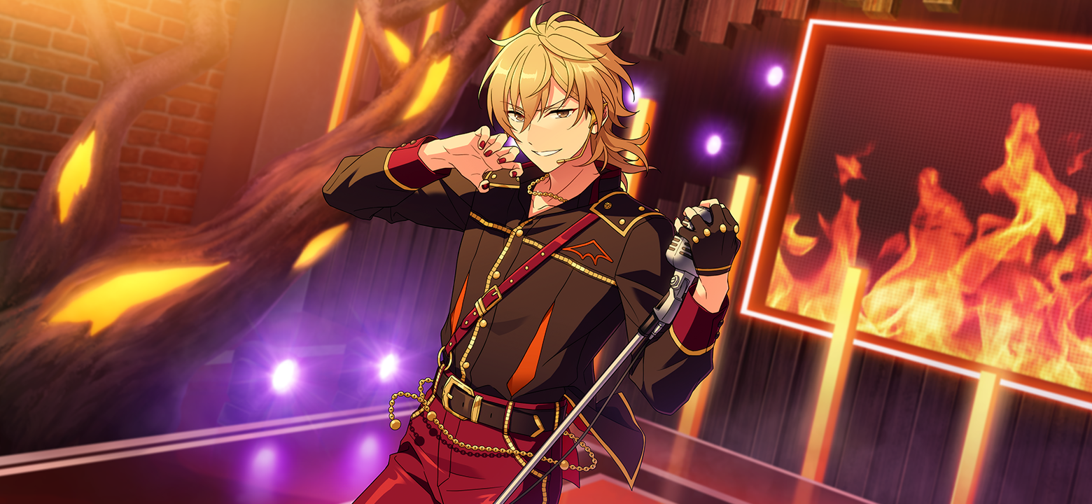 happy elements, hakaze kaoru, ensemble stars!, official art, third-party source, 1boy, belt, belt buckle, black belt, blonde hair, buckle, buttons, claw pose, cowboy shot, fingerless gloves, fire, gloves, hands up, headset, holding, holding microphone, jewelry, long sleeves, looking at viewer, microphone, microphone stand, necklace, nightless city live (ensemble stars!), single glove, yellow eyes