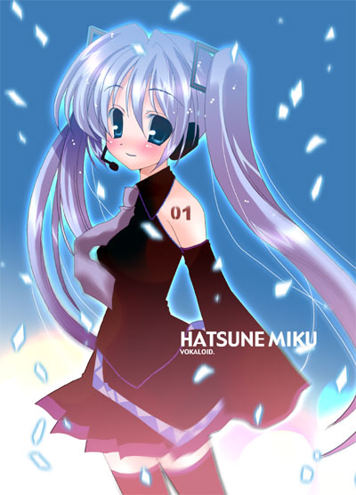 takatori umi (artist), hatsune miku, vocaloid, 1girl, black shirt, black thighhighs, blouse, blue background, blue eyes, blue hair, character name, collared shirt, copyright name, cowboy shot, eyes visible through hair, female focus, from side, green hair, grey necktie, hair between eyes, long hair, miniskirt, necktie, purple hair, shirt, skirt, sleeveless, sleeveless shirt, solo, tattoo, thighhighs, twintails, very long hair, zettai ryouiki