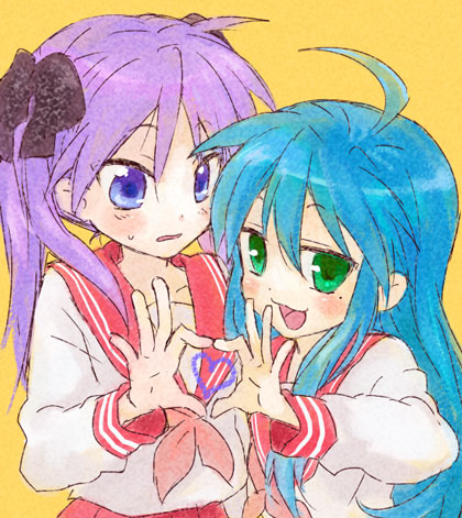 kurosuke (nora), hiiragi kagami, izumi konata, kurosuke shiro, lucky star, lowres, 00s, 2girls, four-finger heart hands, heart, heart hands, heart hands duo, heart in heart hands, mole, mole under eye, multiple girls, school uniform, serafuku, yuri