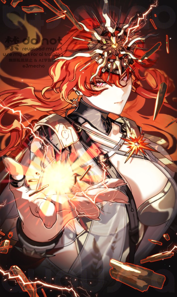 emu (3mecho), augusta (wuthering waves), wuthering waves, highres, 1girl, ancient greek clothes, armor, black collar, breastplate, breasts, closed mouth, collar, dress, earrings, fingernails, greco-roman clothes, hair between eyes, headgear, jewelry, large breasts, long hair, magnetism, orange hair, red eyes, sideless outfit, solo, sun earrings, sun necklace, white dress