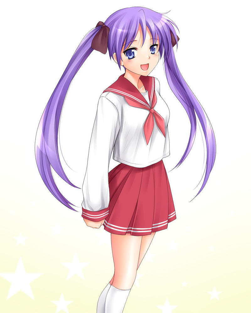yumeno naka, hiiragi kagami, lucky star, 00s, long hair, purple eyes, purple hair, school uniform, serafuku, smile, solo, twintails