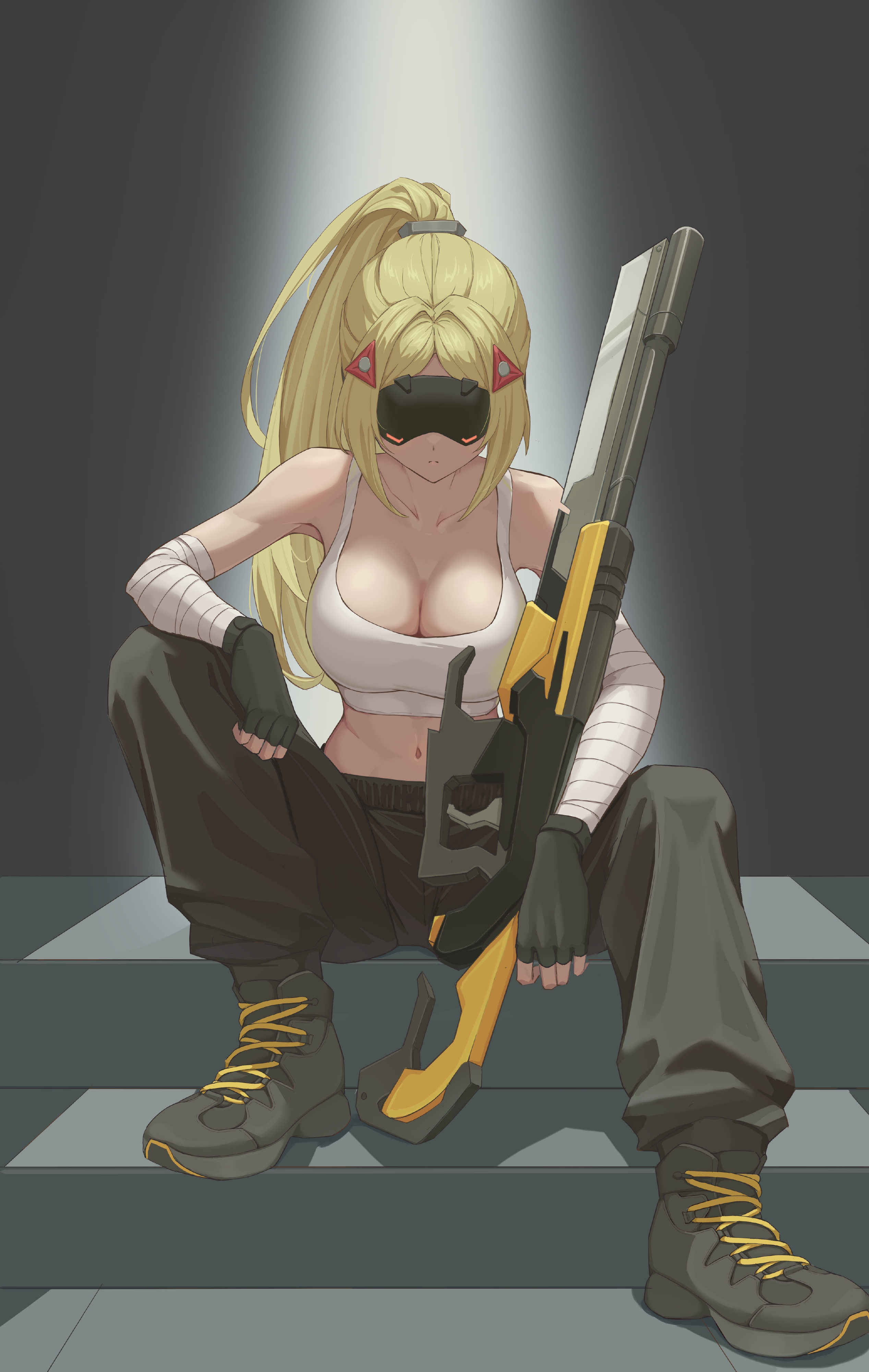 vulphree, trigger (zenless zone zero), zenless zone zero, absurdres, highres, 1girl, bandaged arm, bandages, bare shoulders, black boots, black pants, blindfold, blonde hair, boots, breasts, covered eyes, eye mask, fingerless gloves, gloves, glowing mask, gun, gunblade, hair ornament, hand on own knee, long hair, navel, on stairs, pants, ponytail, rifle, serious, sniper rifle, solo, stairs, tank top, triangle hair ornament, weapon, white tank top