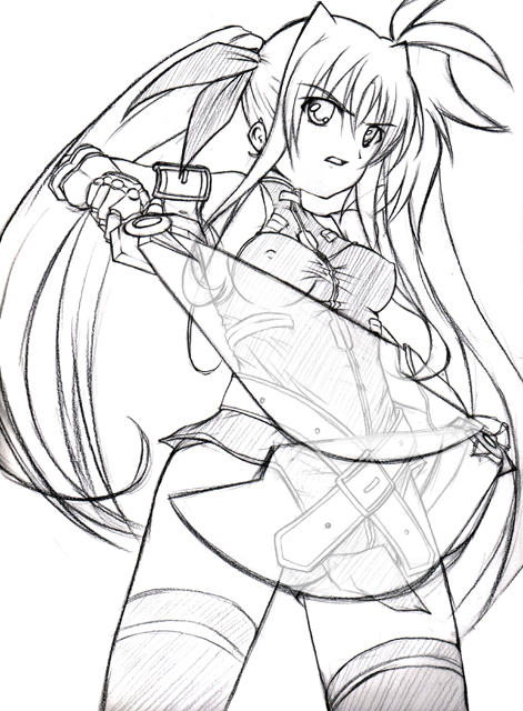 kunon, bardiche (nanoha), bardiche (riot zanber stinger) (nanoha), fate testarossa, fate testarossa (true sonic form), lyrical nanoha, mahou shoujo lyrical nanoha, mahou shoujo lyrical nanoha strikers, 00s, 1girl, belt, dual wielding, energy sword, female focus, gauntlets, greyscale, holding, magical girl, monochrome, single gauntlet, sketch, solo, sword, thighhighs, twintails, weapon