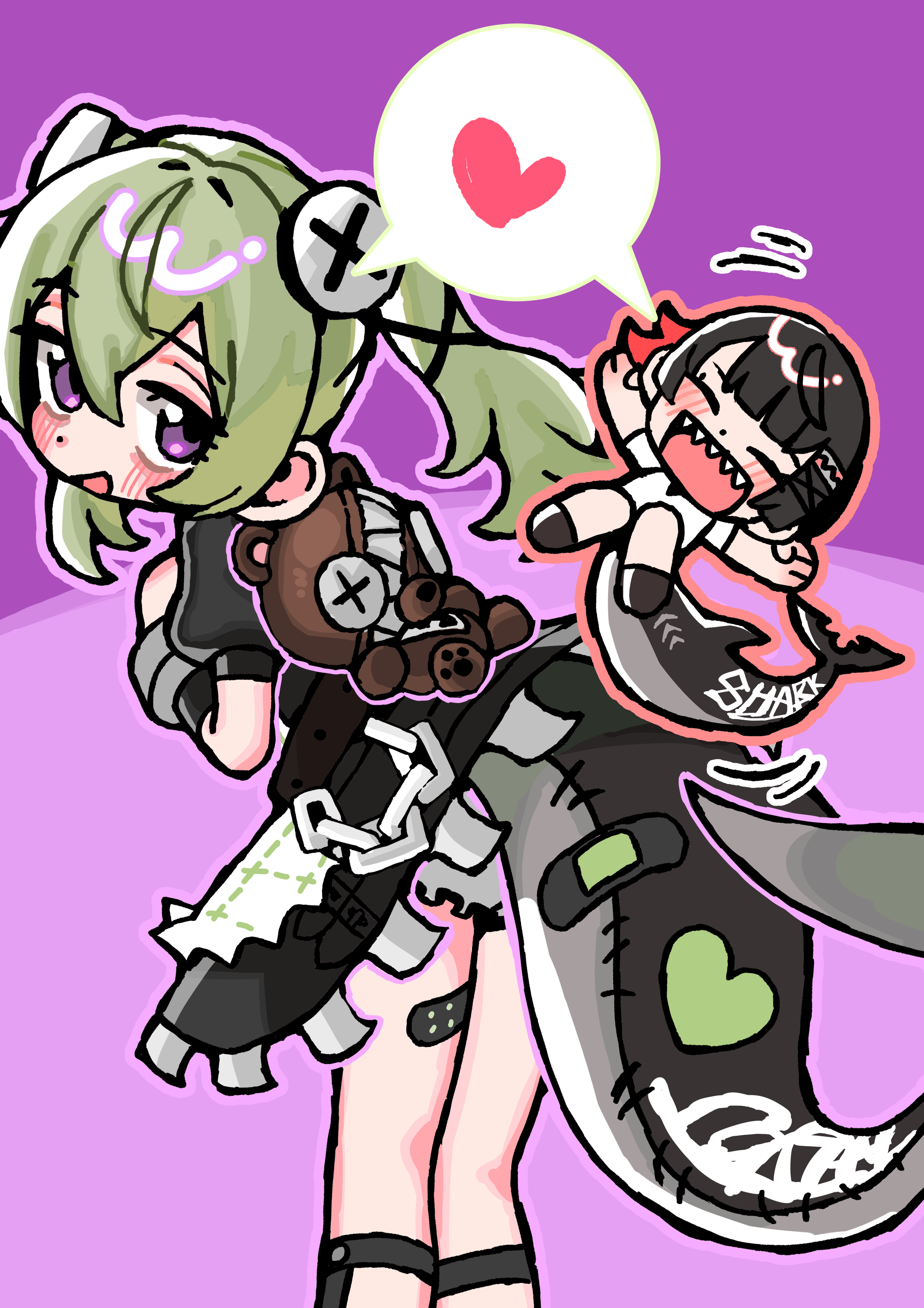 andii (anzai teachco), corin wickes, ellen joe, zenless zone zero, absurdres, commentary request, highres, 2girls, bandaid, bandaid on leg, black dress, black ribbon, blush, chibi, chibi inset, closed eyes, dress, fangs, fins, fish tail, green hair, hair between eyes, hair ribbon, heart, leaning forward, long hair, multiple girls, open mouth, purple background, purple eyes, red hair, ribbon, screw hair ornament, shark tail, shirt, short hair, short sleeves, simple background, spoken heart, stuffed animal, stuffed toy, tail, teddy bear, twintails