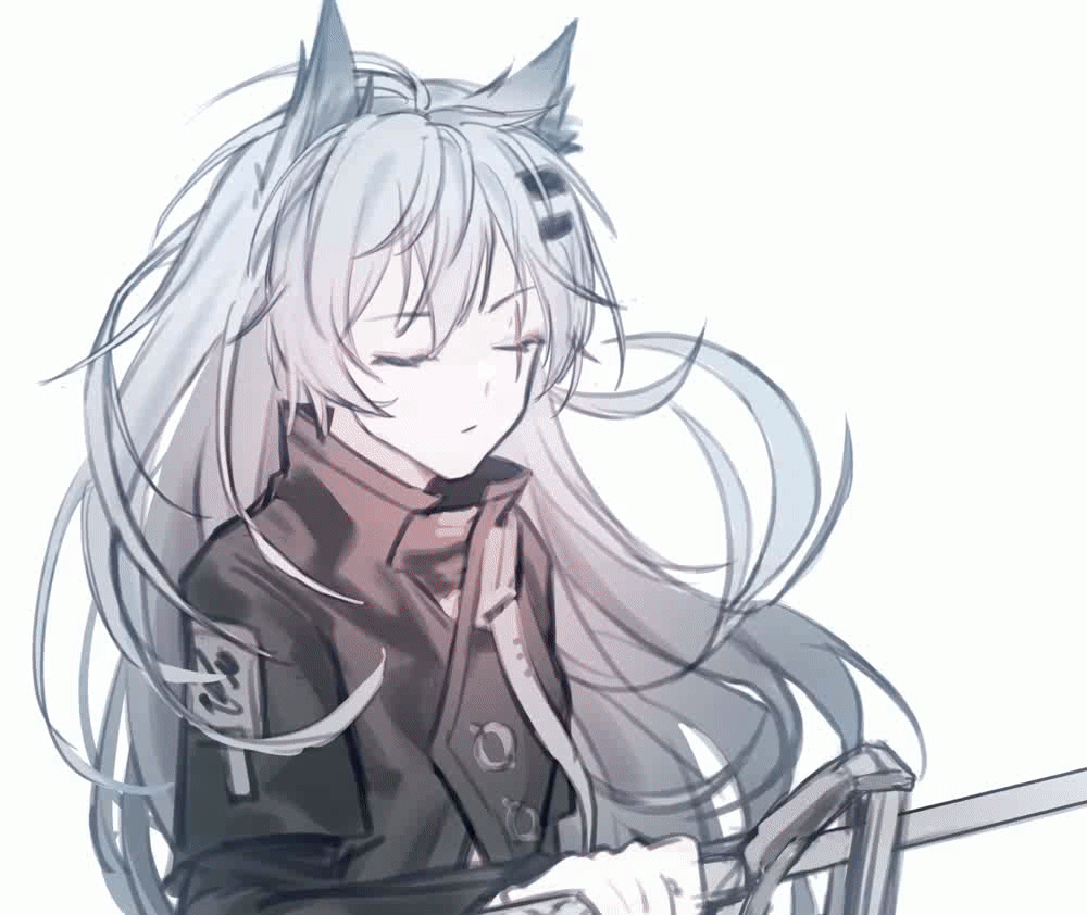 lappland (arknights), lappland (refined horrormare) (arknights), arknights, animated, animated gif, chinese commentary, commentary request, 1girl, animal ears, black jacket, blinking, chen tian bushi tian, grey eyes, grey hair, grin, hair between eyes, hair ornament, hairclip, holding, holding sword, holding weapon, jacket, long hair, long sleeves, looking at viewer, official alternate costume, scar, scar across eye, scar on face, slashing, smile, solo, sword, upper body, weapon, wolf ears, wolf girl
