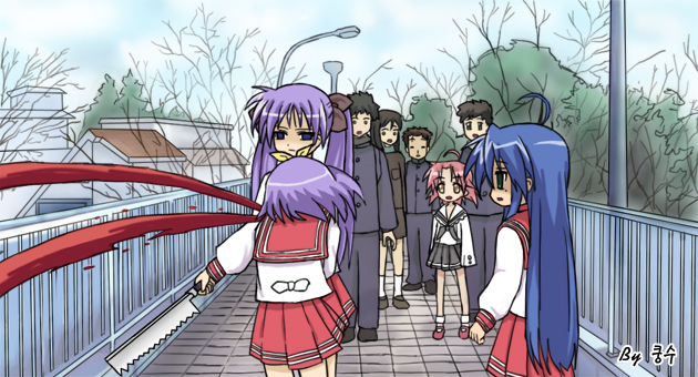 hiiragi kagami, hiiragi tsukasa, izumi konata, kogami akira, shiraishi minoru, lucky star, school days, 3boys, 5girls, bad end, blood, bridge, day, guro, japanese saw, korean text, meme, multiple boys, multiple girls, nice boat (meme), parody, pedestrian bridge, saw, siblings, sisters, twins, violence, yandere