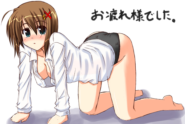yagami hayate, lyrical nanoha, mahou shoujo lyrical nanoha, mahou shoujo lyrical nanoha strikers, translated, 00s, 1girl, all fours, ass, barefoot, black panties, blue eyes, blush, brown hair, collarbone, female focus, full body, hair ornament, long sleeves, looking at viewer, no pants, nose blush, open clothes, open shirt, panties, shirt, simple background, solo, underwear, white background, x hair ornament