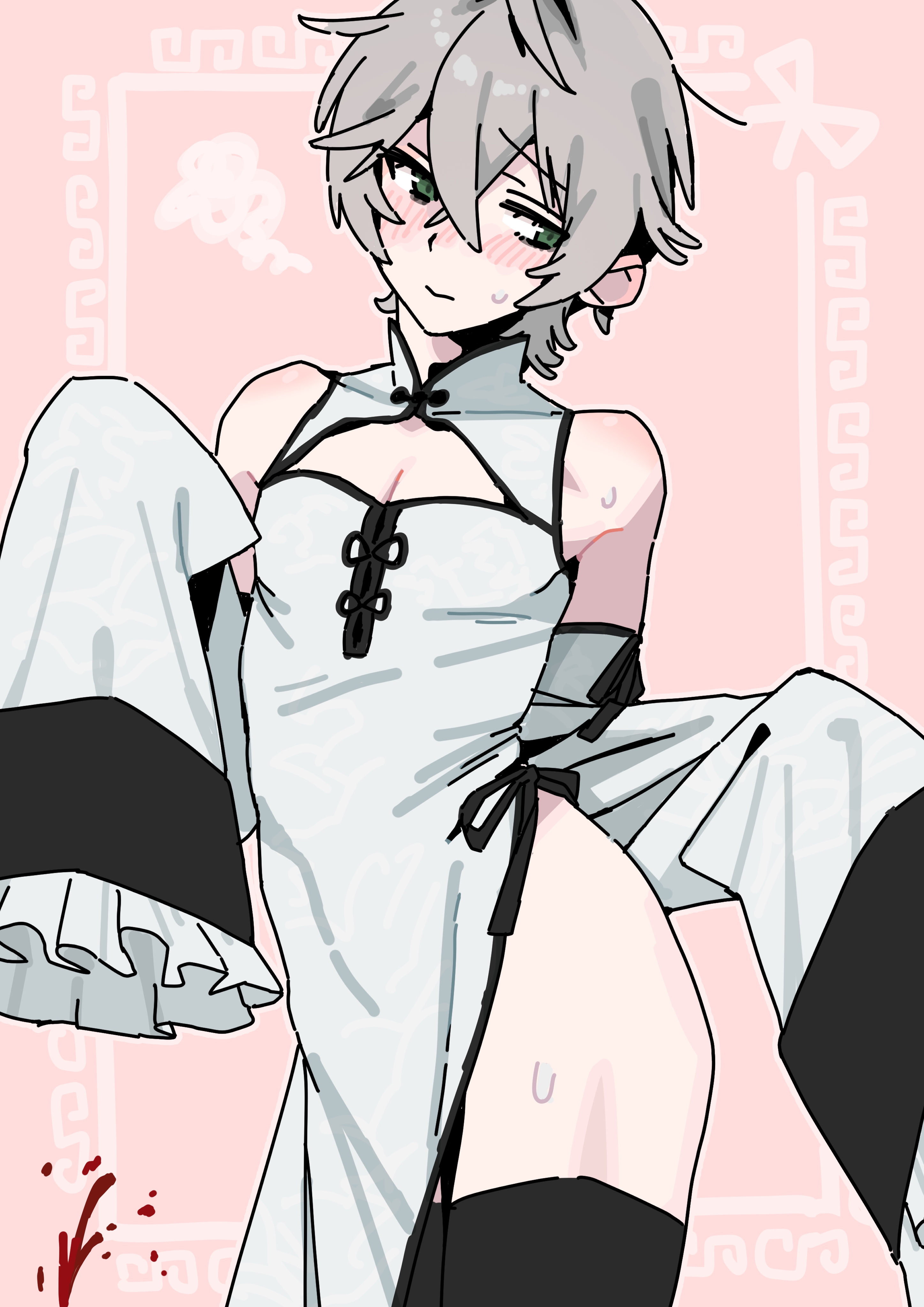 andii (anzai teachco), wise (zenless zone zero), zenless zone zero, absurdres, commentary request, highres, 1boy, aroused nosebleed, bare shoulders, black thighhighs, blood, blush, china dress, chinese clothes, closed mouth, clothing cutout, crossdressing, crossdressing (mtf), crossed bangs, detached sleeves, dress, green eyes, hair between eyes, looking to the side, male focus, nosebleed, pelvic curtain, pink background, solo, squiggle, sweat, thighhighs, trap, white dress, white sleeves, wide sleeves