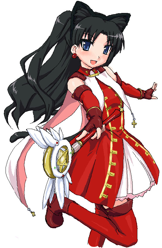 zanzi, kaleido ruby, kaleidostick, tohsaka rin, toosaka rin, fate/hollow ataraxia, fate/stay night, fate (series), 00s, 1girl, bare shoulders, black hair, blue eyes, dress, elbow gloves, female focus, fingerless gloves, frilled thigh strap, frills, gloves, leg up, long hair, looking at viewer, oekaki, outstretched arms, red dress, red thighhighs, simple background, solo, standing, standing on one leg, thigh strap, thighhighs, wavy mouth, white background, zettai ryouiki