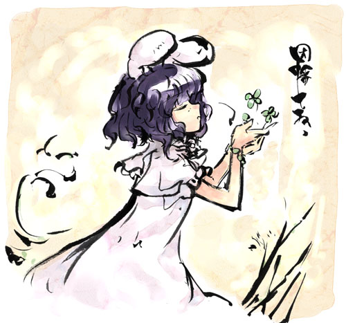 tokiame, inaba tewi, touhou, lowres, 1girl, animal ears, black hair, closed eyes, cupping hands, curly hair, dress, female focus, flower, from side, grass, own hands together, plant, profile, rabbit ears, solo, white dress