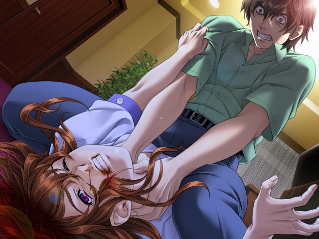 sameda koban, shitai wo arau, game cg, 00s, 1boy, 1girl, abuse, asphyxiation, blood, blood from mouth, blood on face, brown hair, clenched teeth, crazy eyes, domestic violence, from below, lens flare, long hair, nosebleed, one eye closed, purple eyes, straddling, strangling, tears, teeth, violence
