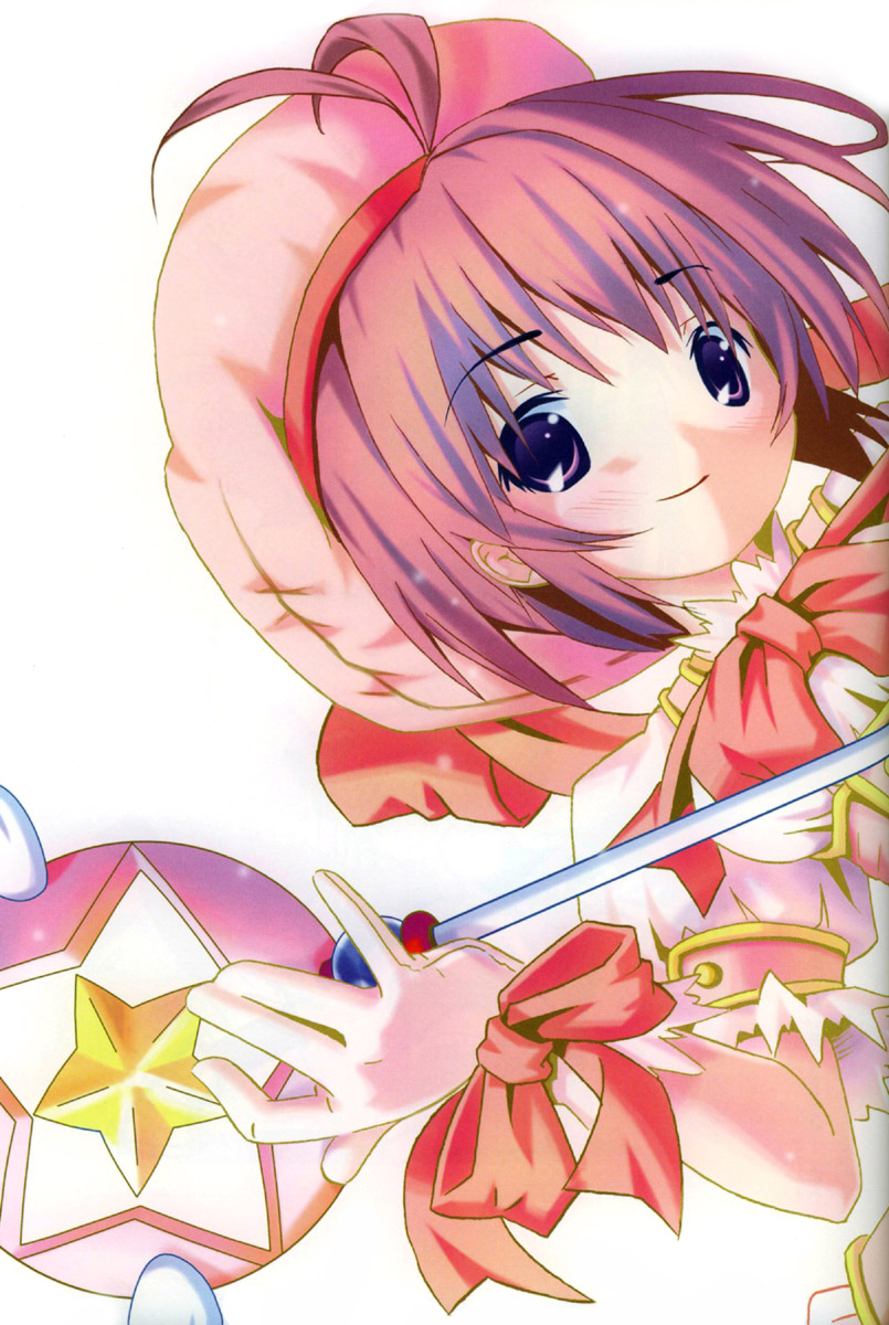 pop, card master peach, kinomoto sakura, kinomoto sakura (magician), cardcaptor sakura, comic party, leaf fight, highres, scan, 00s, 1990s (style), 1girl, antenna hair, brown hair, female focus, hat, hoshi no tsue, magical girl, pink hair, pink hat, retro artstyle, ribbon, short hair, simple background, solo, wand, white background