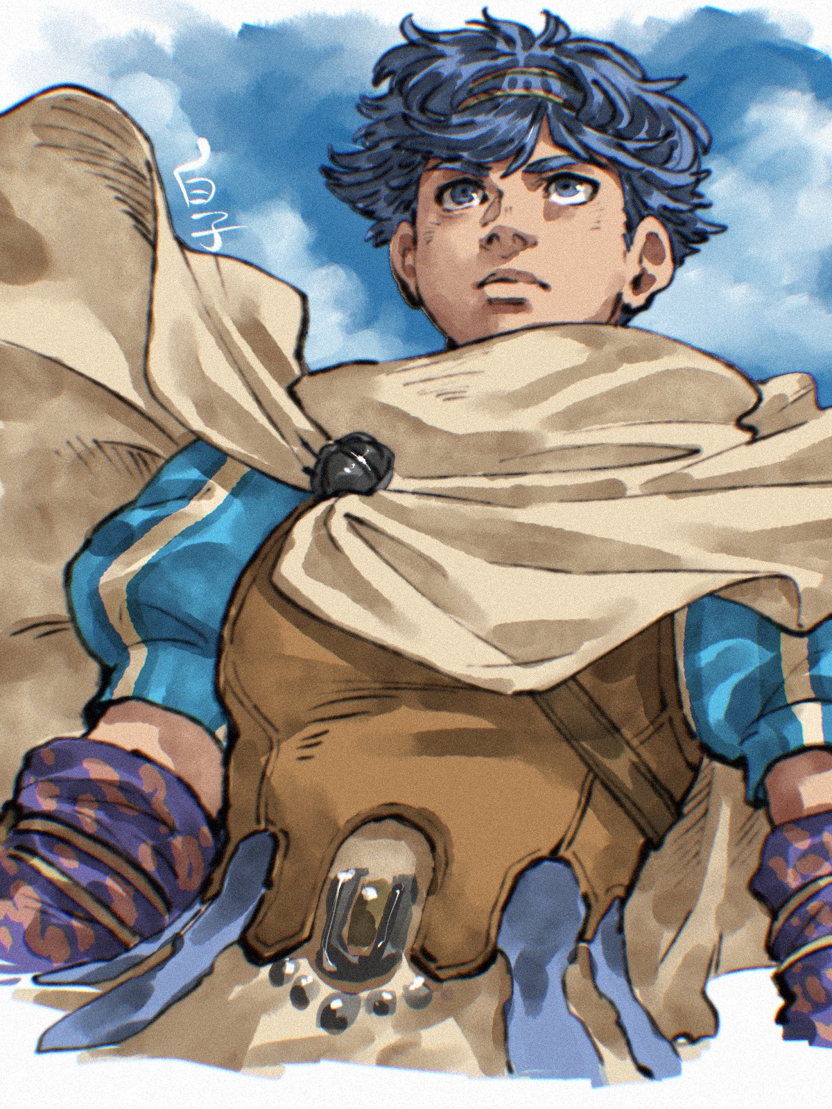 shirako (kirupi), kalas (baten kaitos), baten kaitos, highres, 1boy, armor, blue eyes, blue hair, cape, closed mouth, leather armor, male focus, puffy sleeves, serious, short hair, solo, upper body
