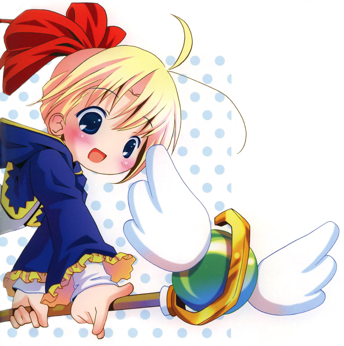 pop, highres, 1girl, :d, antenna hair, blonde hair, blue eyes, blush, female focus, hair ribbon, long sleeves, open mouth, polka dot, polka dot background, red ribbon, ribbon, smile, solo, staff, wings
