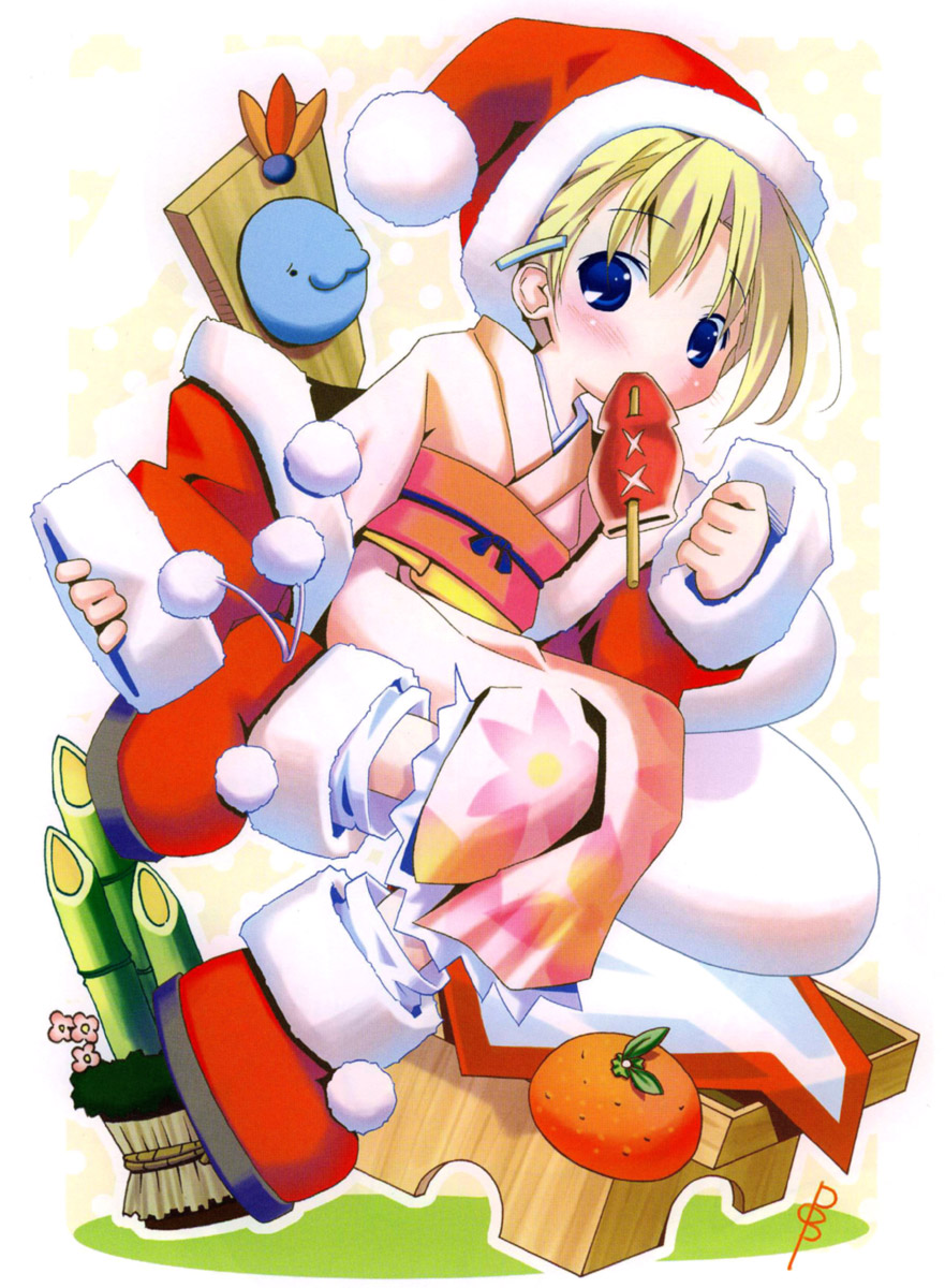 pop, clothes, santa boots, highres, 1girl, :3, bamboo, blonde hair, blue eyes, blush, boots, christmas, female focus, food, food in mouth, fruit, hat, ikayaki, japanese clothes, kadomatsu, kimono, looking at viewer, mandarin orange, obi, santa costume, santa hat, sash, solo, squid