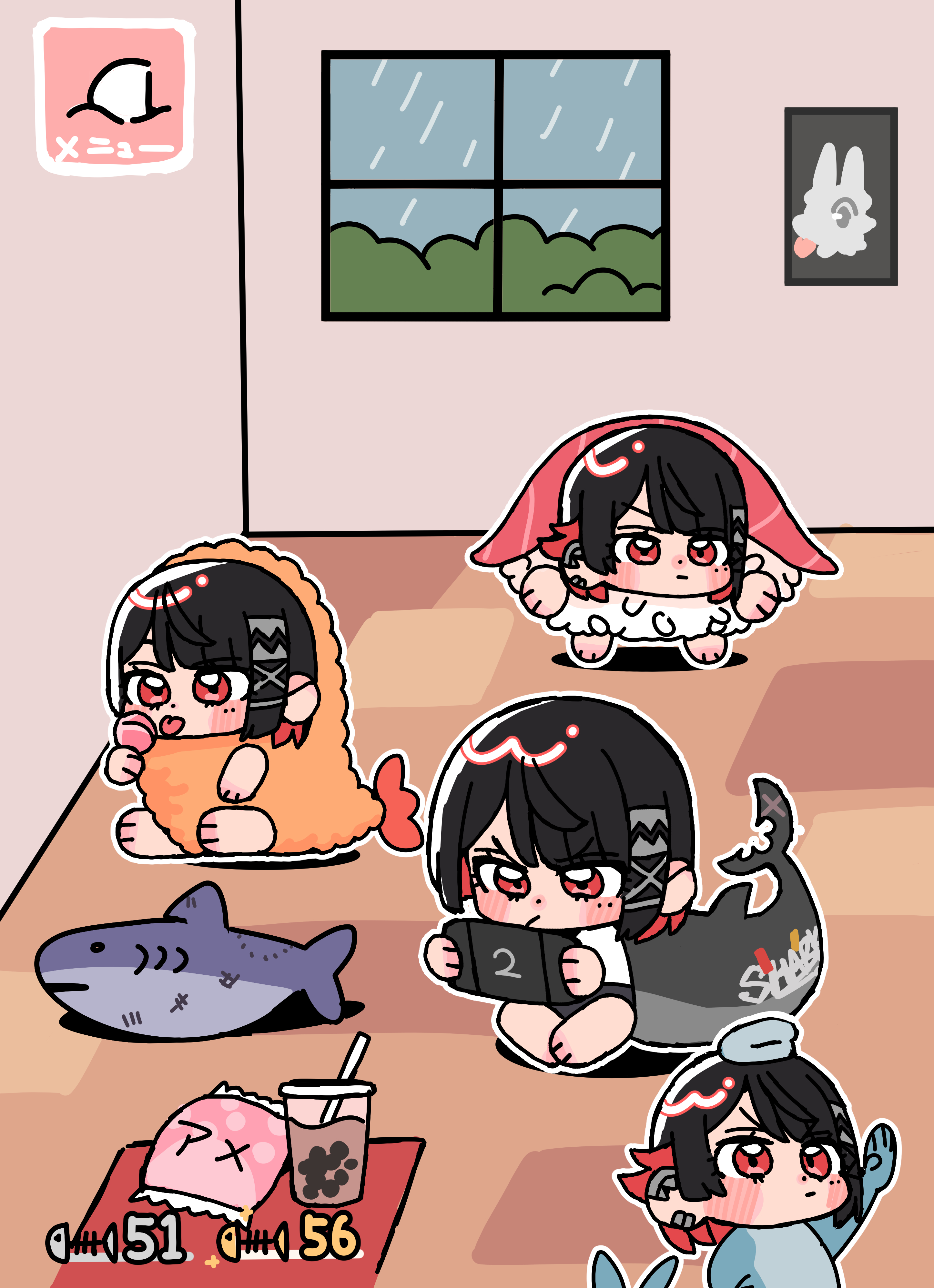 andii (anzai teachco), ellen joe, neko atsume, zenless zone zero, absurdres, commentary request, highres, arm up, barefoot, black hair, bubble tea, candy, chibi, chibi only, closed mouth, costume, cup, fins, fish tail, food, hair ornament, handheld game console, holding, holding candy, holding food, holding lollipop, indoors, lollipop, multicolored hair, multiple views, nintendo switch 2, outline, parody, red eyes, red hair, shark tail, short hair, sitting, stuffed animal, stuffed shark, stuffed toy, sushi costume, tail, tongue, tongue out, white outline, window