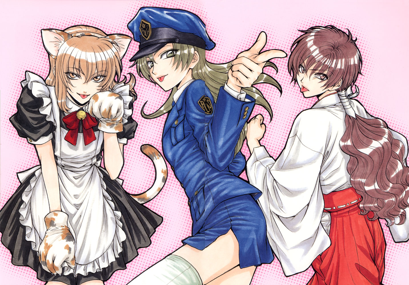 tsuda mikiyo, kouno tooru, shihoudani yuujirou, yutaka mikoto, princess princess, light brown hair, white legwear, 00s, 3boys, :p, animal ears, animal hands, apron, black dress, blue skirt, blush, bow, bowtie, breast pocket, brown eyes, brown hair, cat boy, cat ears, cat tail, closed mouth, crossdressing, crossdressing (mtf), dress, fake animal ears, flat chest, frilled apron, frills, gloves, hairband, hakama, hakama skirt, hat, japanese clothes, kimono, leaning back, leg up, long hair, long sleeves, looking at viewer, low twintails, male focus, miko, miniskirt, multiple boys, paw gloves, paw pose, pocket, pointing, pointing at viewer, police, police hat, police uniform, policewoman, puffy short sleeves, puffy sleeves, red bow, red bowtie, red hakama, short hair, short sleeves, side slit, skirt, smile, tail, thighhighs, tongue, tongue out, trap, twintails, wavy hair, white apron, white kimono, wide sleeves, zettai ryouiki