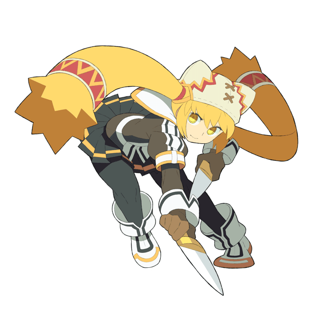 itsumo nokoru, khulaz, ken to mahou to gakuen mono, archived source, 1girl, anime coloring, black pantyhose, black skirt, blonde hair, brown jacket, brown sleeves, cross-laced headwear, dagger, hair tie, hat, hat with ears, holding, holding dagger, holding knife, holding weapon, jacket, knife, layered sleeves, long hair, long sleeves, looking at viewer, miniskirt, pantyhose, pleated skirt, puffy short sleeves, puffy sleeves, sailor collar, shoes, short-sleeved jacket, short over long sleeves, short sleeves, simple background, skirt, smile, solo, striped clothes, twintails, vertical-striped clothes, vertical-striped sleeves, very long hair, weapon, white background, white hat, white sailor collar, white shoes, white sleeve cuffs, yellow eyes, yellow trim