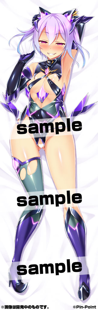 satou kuuki, official art, variant set, 1girl, arm behind head, arm up, armpits, asymmetrical legwear, bare shoulders, bed sheet, blush, boots, breasts, censored, corruption, dakimakura (medium), dark persona, elbow gloves, evil aqua, evil grin, evil smile, from above, fujii natsumi (ysphere), full body, gloves, gluteal fold, grey thighhighs, grin, hair between eyes, half-closed eyes, heart, heart censor, high heel boots, high heels, highleg, highleg leotard, leotard, looking at viewer, lying, multicolored hair, naughty face, nipples, nose blush, on back, pink eyes, purple eyes, purple hair, sample watermark, seductive smile, shiny clothes, shiny skin, short hair, single thighhigh, skin tight, small breasts, smile, solo, soukou seiki ysphere, thighhighs, torn clothes, torn leotard, torn thighhighs, twintails, uneven legwear, watermark, web address