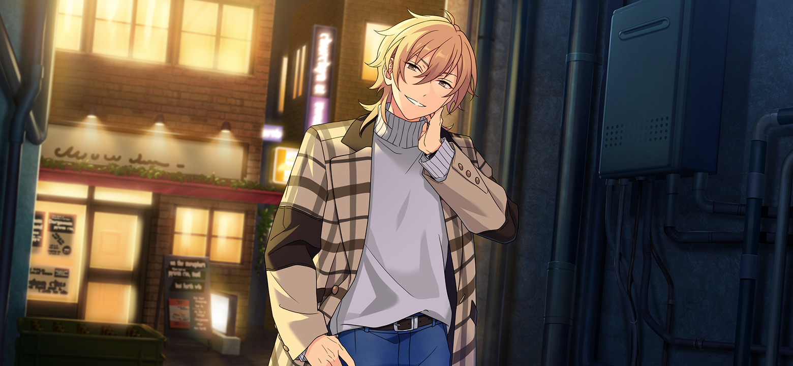 happy elements, hakaze kaoru, ensemble stars!, official art, third-party source, 1boy, belt, belt buckle, blonde hair, brown belt, buckle, coat, cowboy shot, grey sweater, hair between eyes, hand on own neck, hand up, lapels, long sleeves, looking at another, looking at viewer, male focus, night, nightless city live (ensemble stars!), notched lapels, outdoors, plaid clothes, plaid coat, sign, smile, solo, sweater, teeth, turtleneck, turtleneck sweater, window, wire, wolf cut, yellow eyes