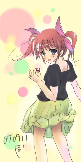 boshi (a-ieba), boshinote, raising heart, raising heart (standby mode), takamachi nanoha, lyrical nanoha, mahou shoujo lyrical nanoha, 00s, 1girl, :o, blue eyes, blush, female focus, from behind, looking back, open mouth, pink hair, purple eyes, skirt, solo, twintails
