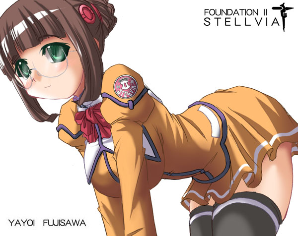 tonpuu, fujisawa yayoi, fujisawa yayoi (uchuu no stellvia), uchuu no stellvia, 00s, 1girl, bent over, black thighhighs, blunt bangs, bow, bowtie, breasts, brown hair, donut hair bun, emblem, female focus, green eyes, hair bun, large breasts, long sleeves, orange shirt, red bow, red bowtie, shirt, short hair, sidelocks, solo, standing, thighhighs