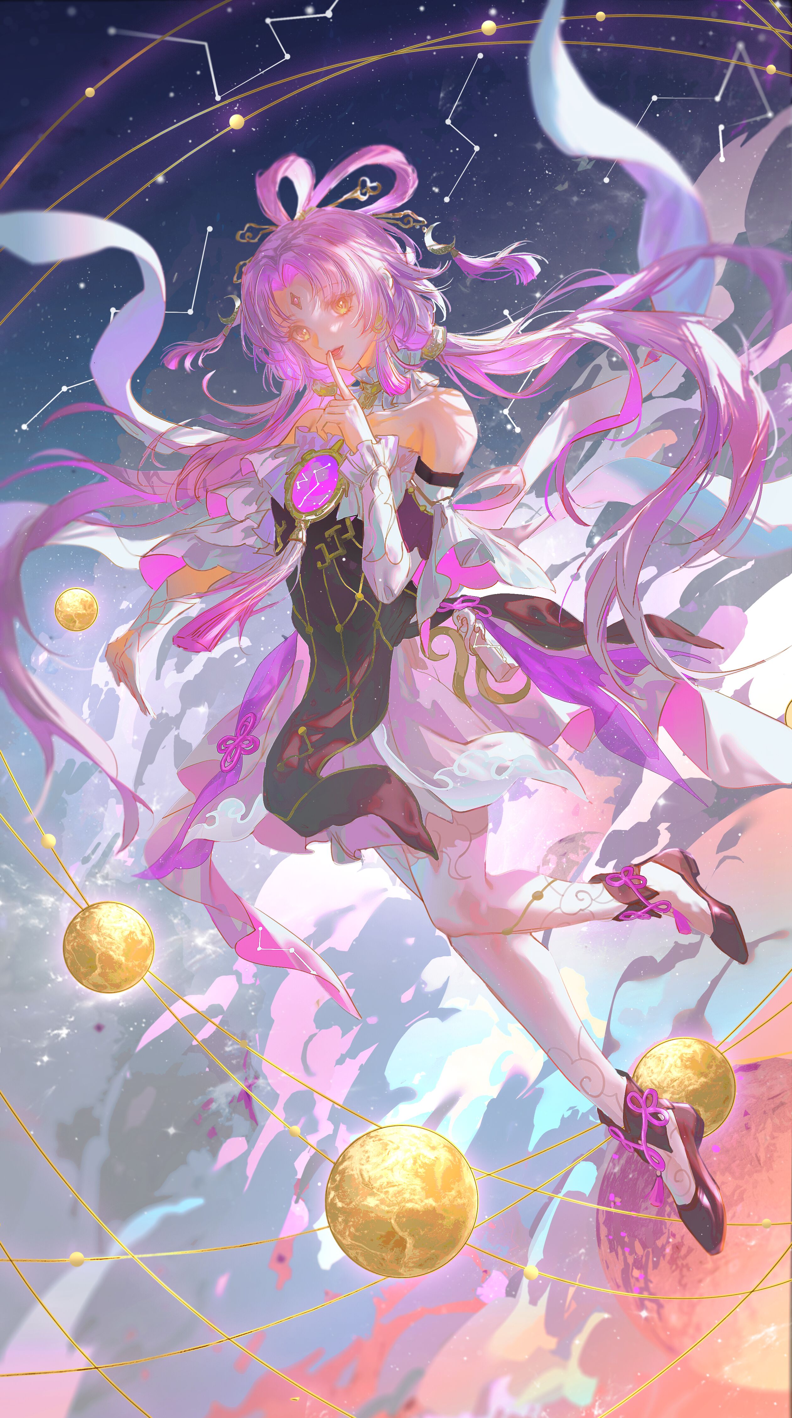 fu xuan (honkai: star rail), honkai: star rail, honkai (series), absurdres, artist request, highres, second-party source, 1girl, bare shoulders, black shoes, bow-shaped hair, china dress, chinese clothes, chinese hairpin, constellation, detached sleeves, dress, floating, floating hair, forehead jewel, full body, index finger raised, long hair, looking at viewer, low twintails, open mouth, pantyhose, pink hair, shoes, smile, solo, tassel, twintails, very long hair, white pantyhose, yellow eyes