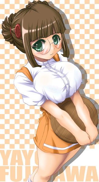 tonpuu, fujisawa yayoi, fujisawa yayoi (uchuu no stellvia), anna miller, uchuu no stellvia, 00s, 1girl, breasts, character name, checkered background, donut hair bun, female focus, hair bun, huge breasts, orange skirt, skirt, solo, waitress