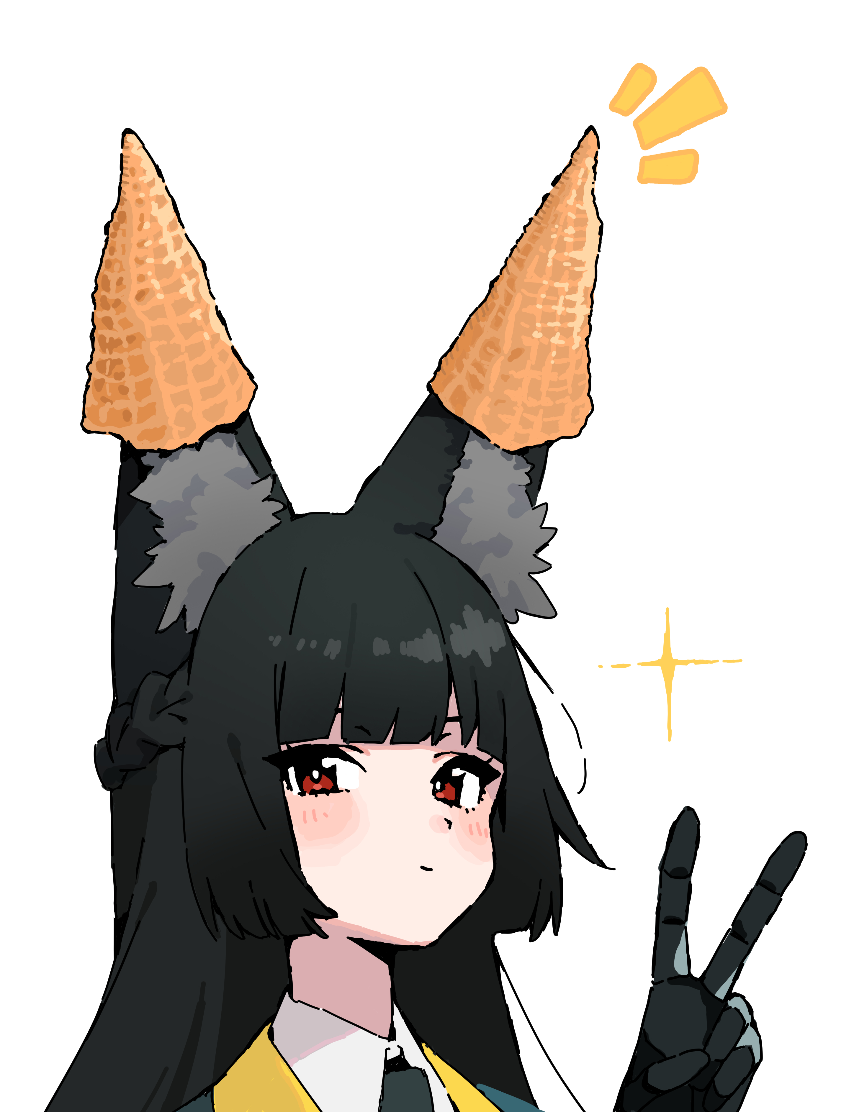 andii (anzai teachco), hoshimi miyabi, zenless zone zero, absurdres, commentary request, highres, 1girl, animal ear fluff, animal ears, black hair, black necktie, blush, bugles (food), closed mouth, collared shirt, food, fox ears, fox girl, gauntlets, long hair, looking at viewer, necktie, red eyes, shirt, simple background, solo, sparkle, upper body, v, white background, white shirt