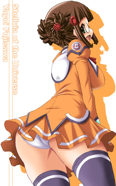 tonpuu, fujisawa yayoi, fujisawa yayoi (uchuu no stellvia), uchuu no stellvia, 00s, 1girl, donut hair bun, female focus, hair bun, orange shirt, panties, shirt, solo, thighhighs, underwear