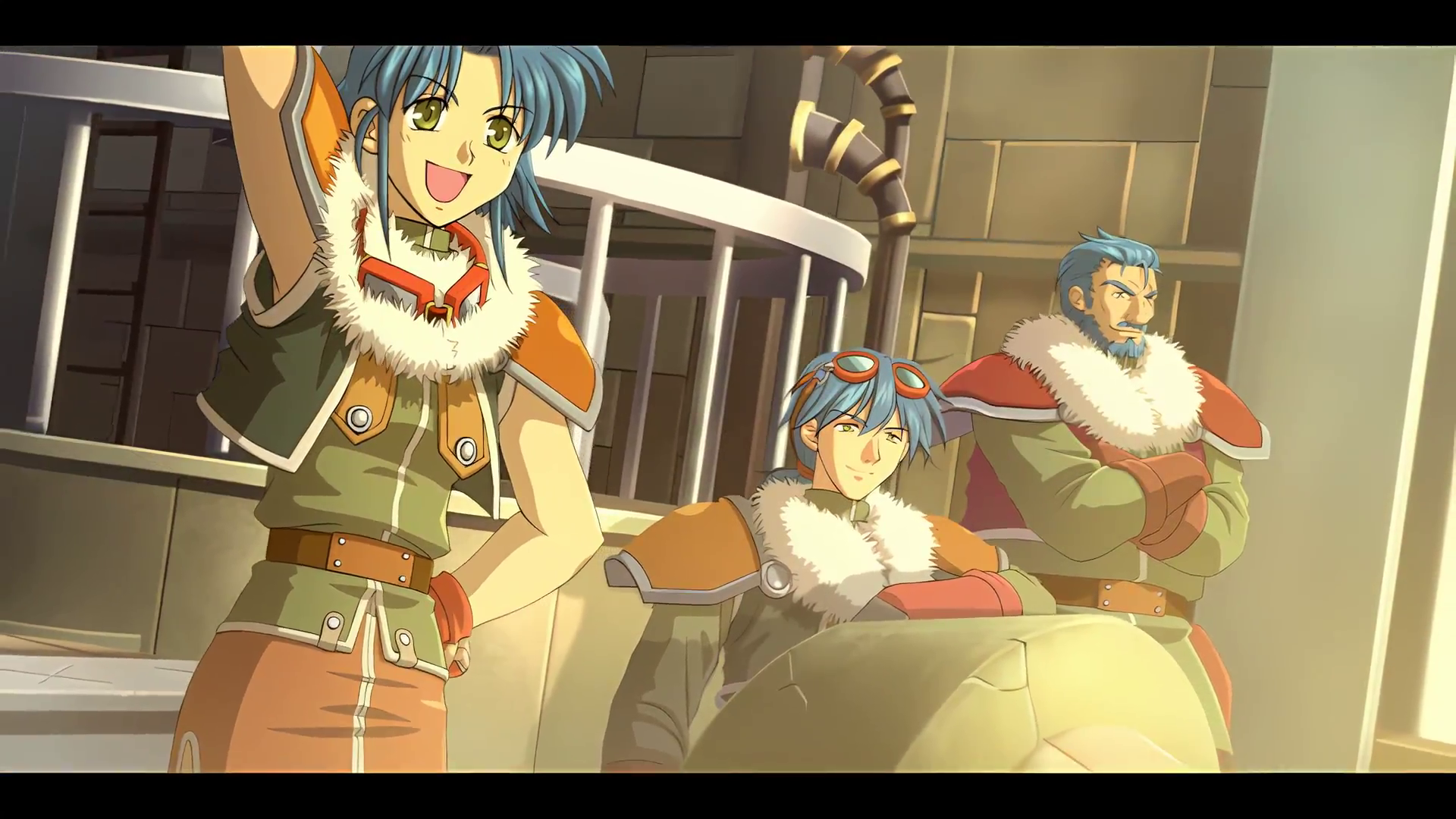 josette capua, eiyuu densetsu, sora no kiseki, game cg, highres, official art, third-party source, 1girl, 2boys, armor, beard, belt, blue facial hair, blue hair, closed mouth, crossed arms, curtained hair, don capua, facial hair, fingerless gloves, fur trim, gloves, goggles, goggles around neck, goggles on head, green eyes, green shirt, green vest, hair between eyes, hand on own hip, indoors, kyle capua, leather, leather gloves, letterboxed, looking to the side, multiple boys, mustache, open clothes, open mouth, open vest, orange skirt, parted bangs, shirt, short hair, shoulder armor, skirt, smile, standing, vest